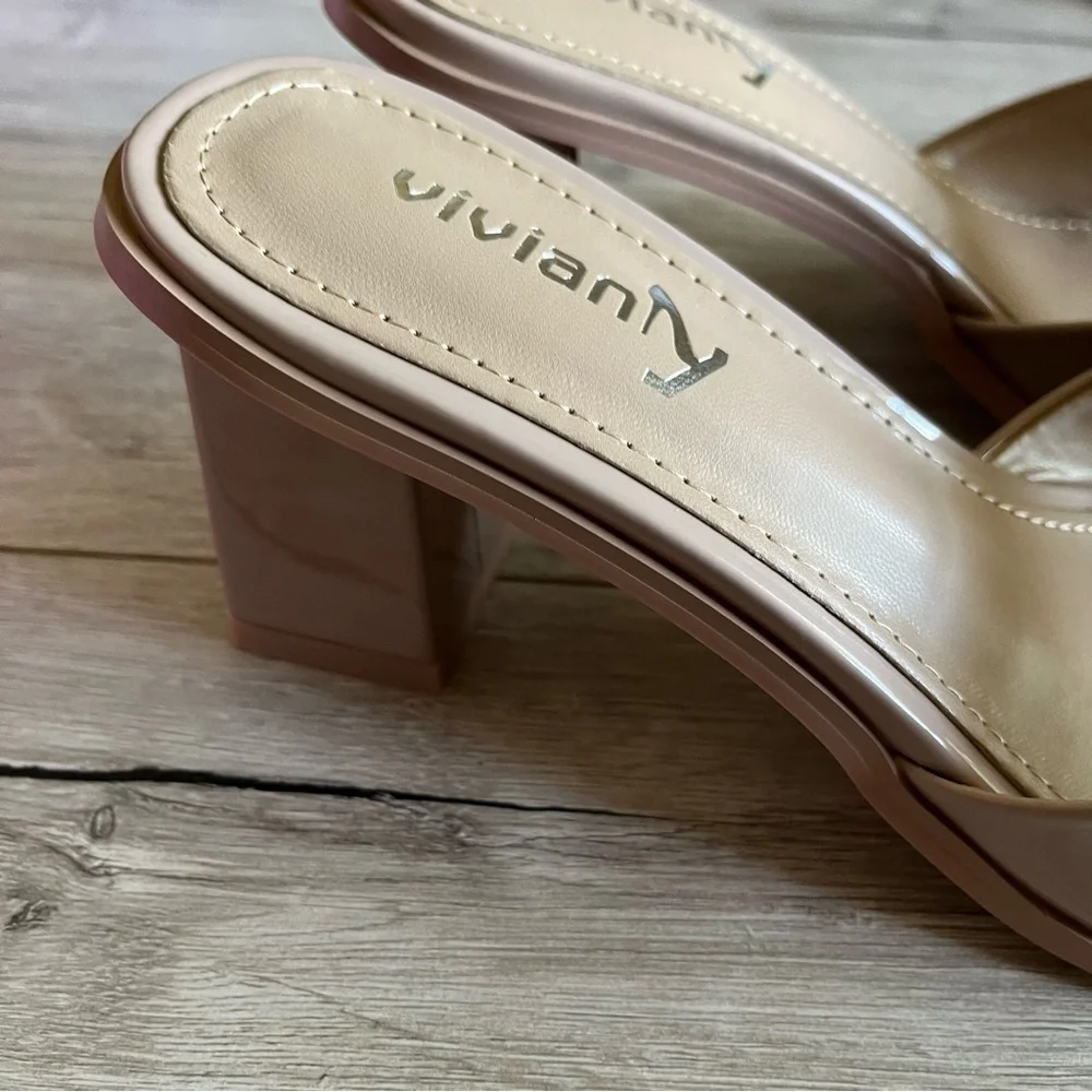 VIVIANLY✨ Square Toe Slide Heels Beige Nude Brand New